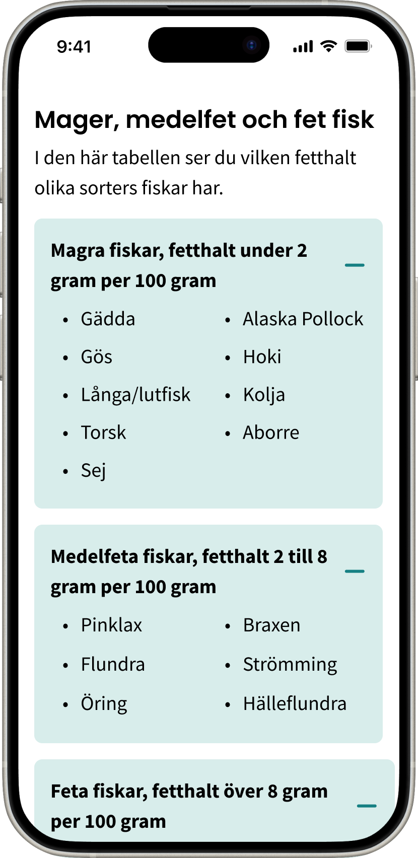 Image of the cards suggestion in a small screen. The cards have a solid colour as a background and are collapsable.